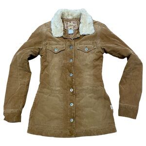 Vintage 90s Hollister Tan Corduroy Longline Jacket Quilt Line Faux Fur Collar XS